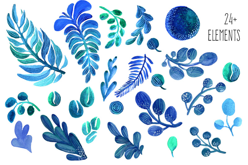 blue-leaves-watercolor-set