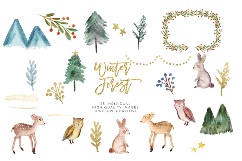 winter-woodland-animals-clipart-watercolor-pine-trees-clipart