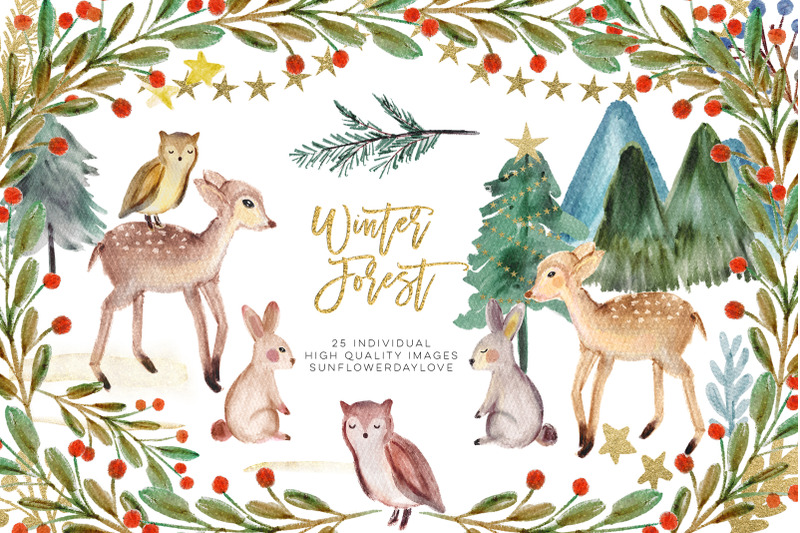 winter-woodland-animals-clipart-watercolor-pine-trees-clipart