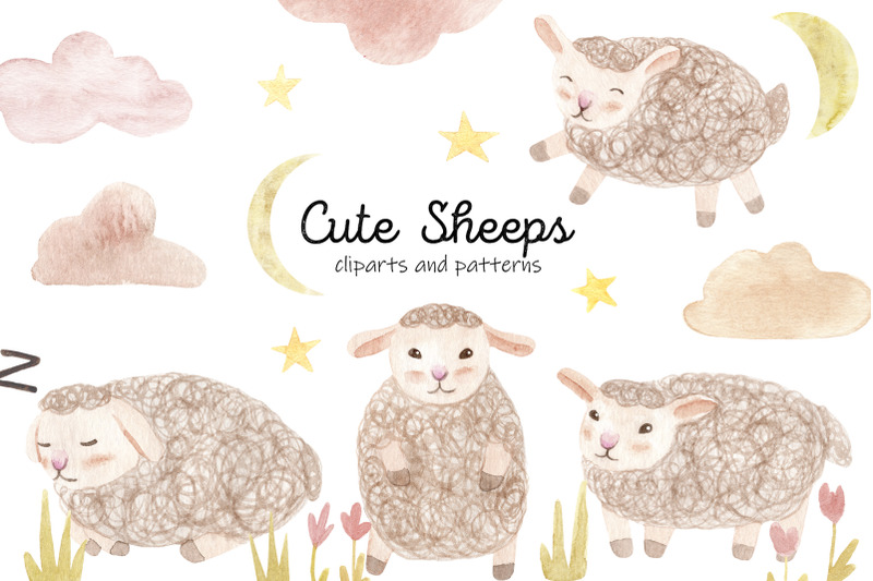 cute-watercolor-sheeps-seamless-patterns-and-cliparts