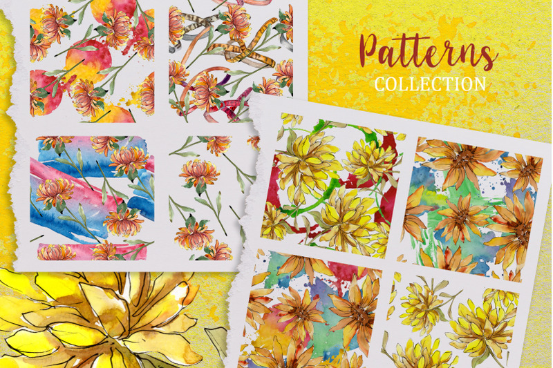 yellow-watercolor-asters-png-set