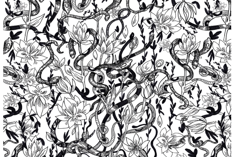 vintage-hand-drawn-snakes-and-flowers-pattern