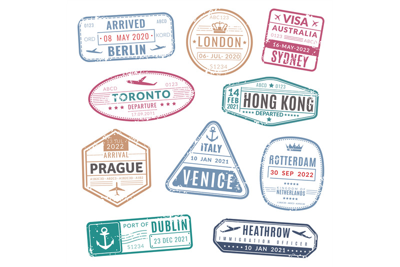 travel-stamp-vintage-passport-visa-international-arrived-stamps-with