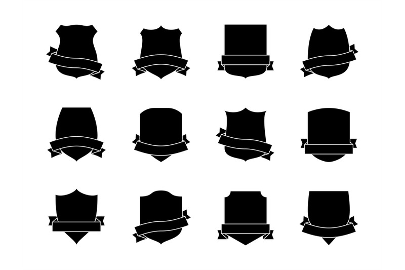 black-shield-labels-with-ribbons-heraldic-royal-blazon-badges-mediev