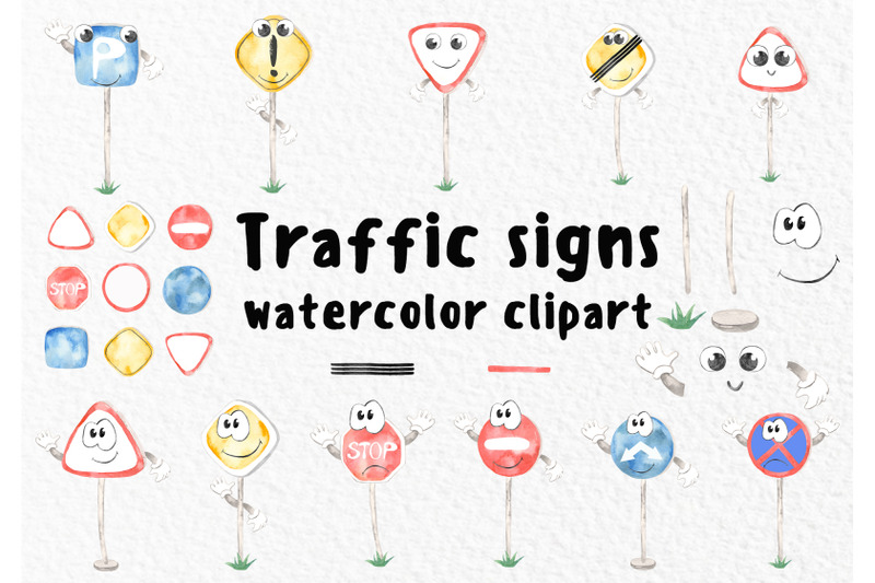 cute-traffic-signs-for-kids-watercolor-clipart-illustrations