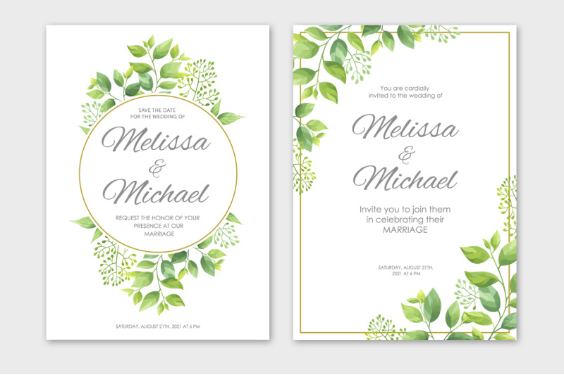 Green leaves wedding invitations set By Nata Art Graphic