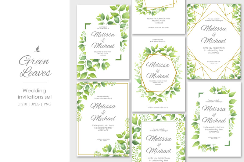 green-leaves-wedding-invitations-set