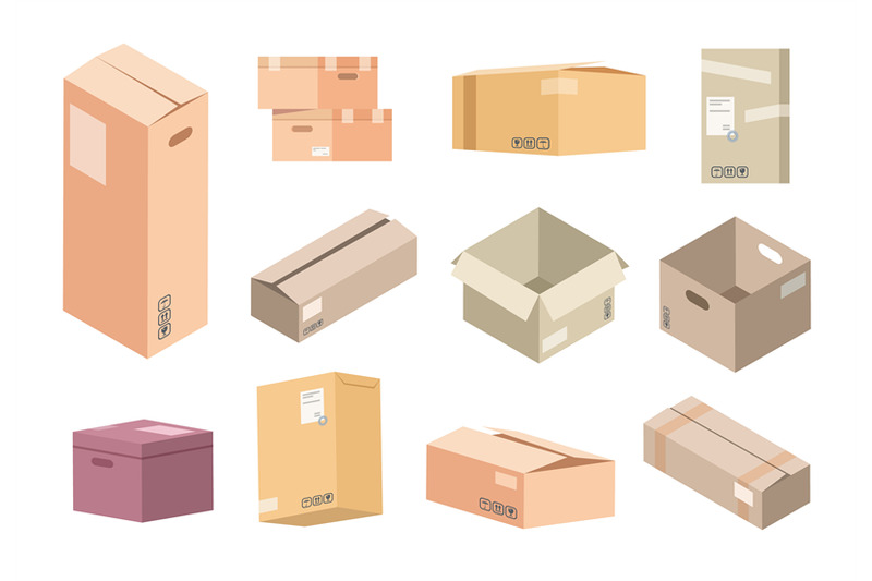 flat-cardboard-boxes-carton-parcels-delivery-open-and-closed-isolate