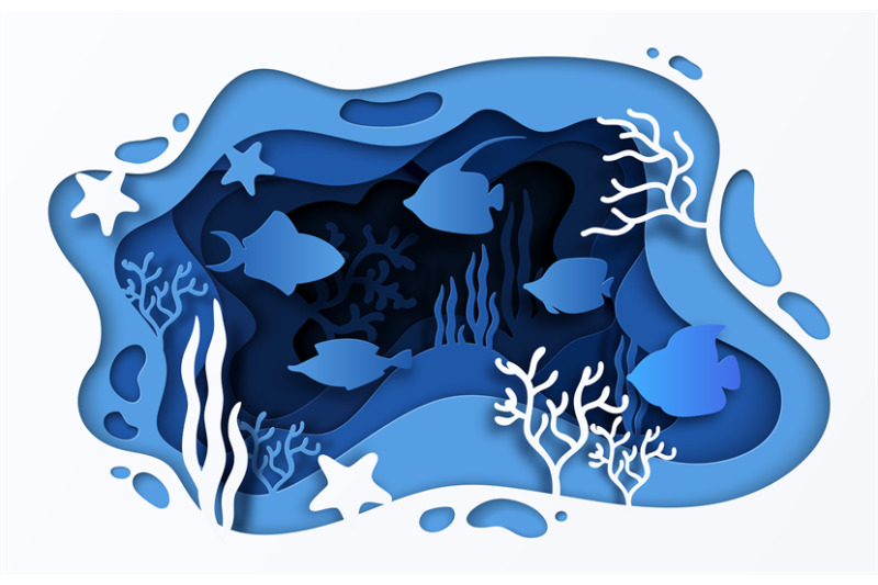 Paper cut sea background. Underwater ocean coral reef with waves fish