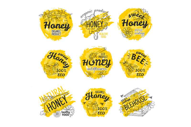 honey-sketch-logos-hand-drawn-bees-and-honeycomb-labels-design-bumbl