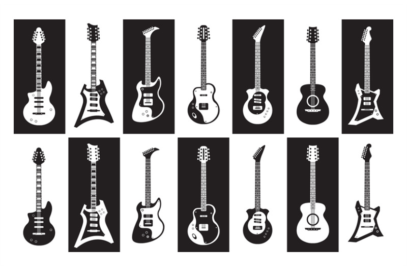 guitars-black-and-white-electric-and-acoustic-rock-guitars-of-differe