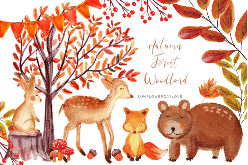 autumn-forest-woodland-clipart-watercolor-bear-deer-clipart