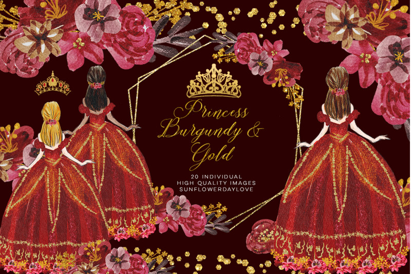 quinceanera-clipart-floral-princess-burgundy-amp-gold