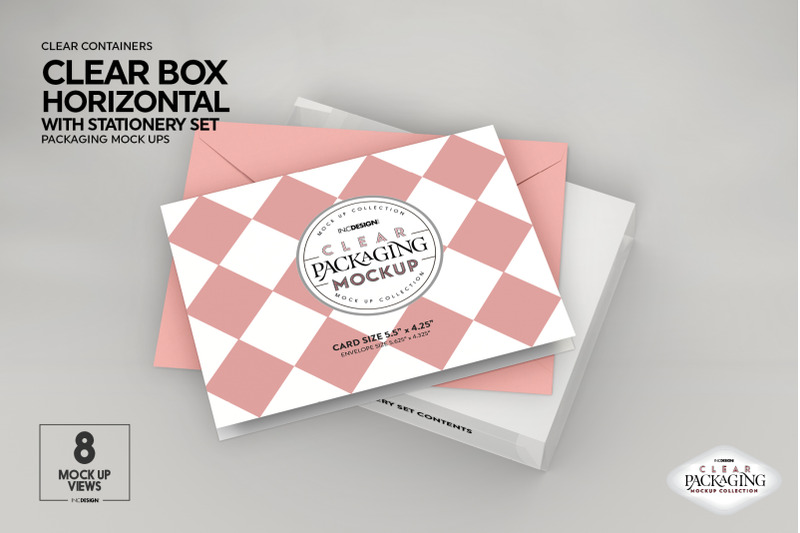 Clear Horizontal Box with Stationery Set Mockup By INC Design Studio | TheHungryJPEG.com