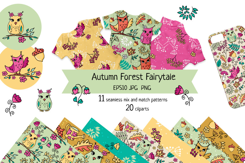 cute-vibrant-colours-autumn-seamless-patterns-with-owls-and-forest