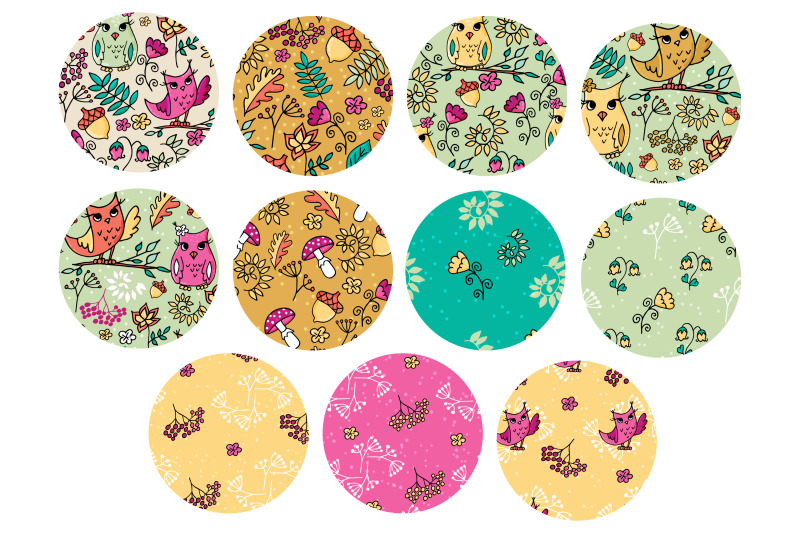 cute-vibrant-colours-autumn-seamless-patterns-with-owls-and-forest