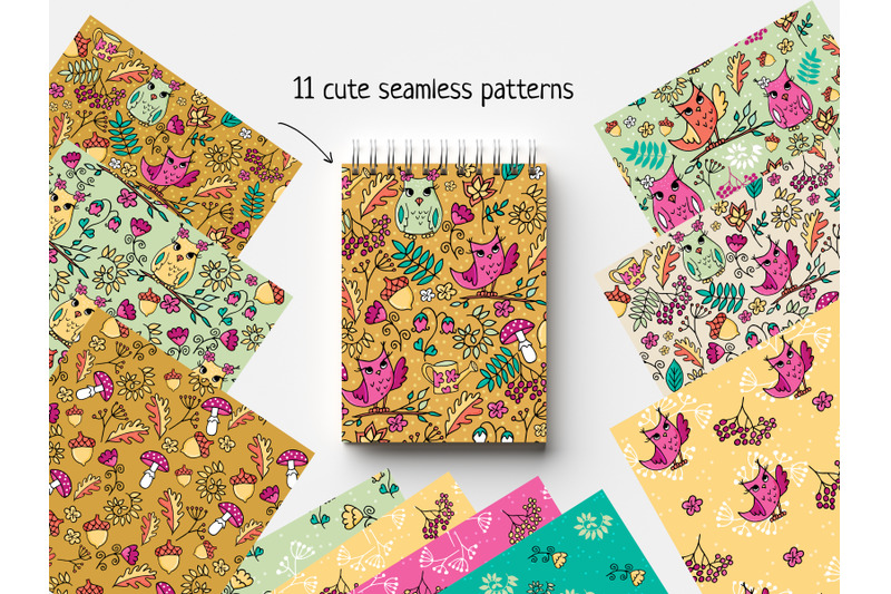 cute-vibrant-colours-autumn-seamless-patterns-with-owls-and-forest