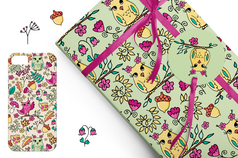 cute-vibrant-colours-autumn-seamless-patterns-with-owls-and-forest