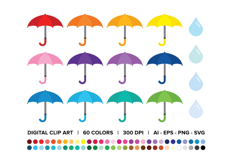 umbrellas-and-raindrops-clip-art-set