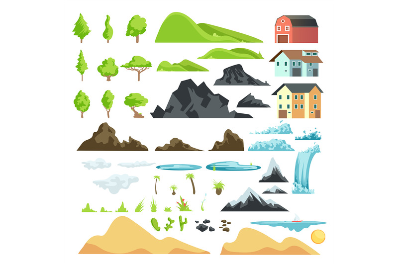 cartoon-landscape-vector-elements-with-mountains-hills-tropical-tree
