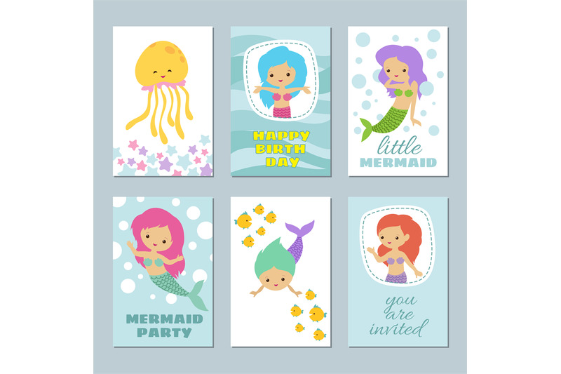 pretty-baby-mermaids-birthday-greeting-card-vector-templates