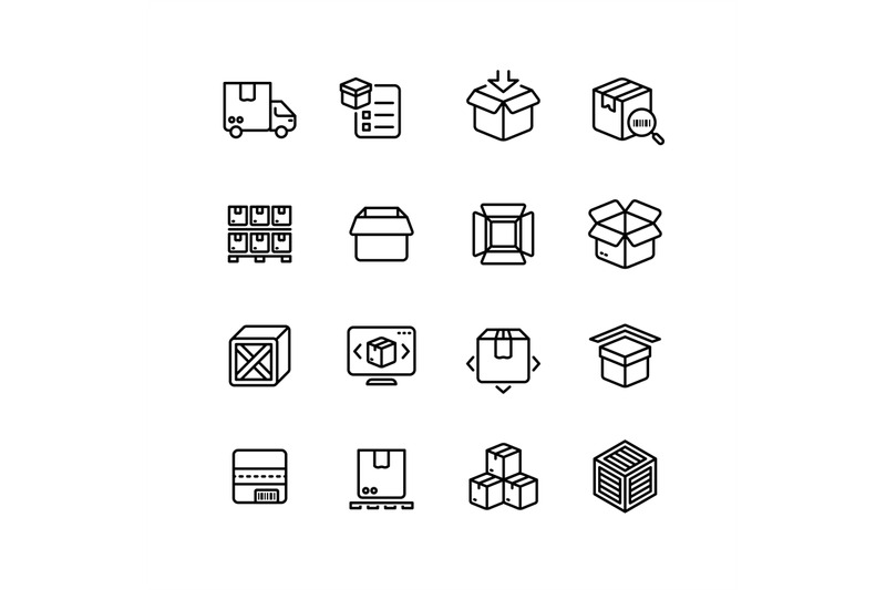 product-packing-line-icons-box-warehousing-outline-vector-symbols