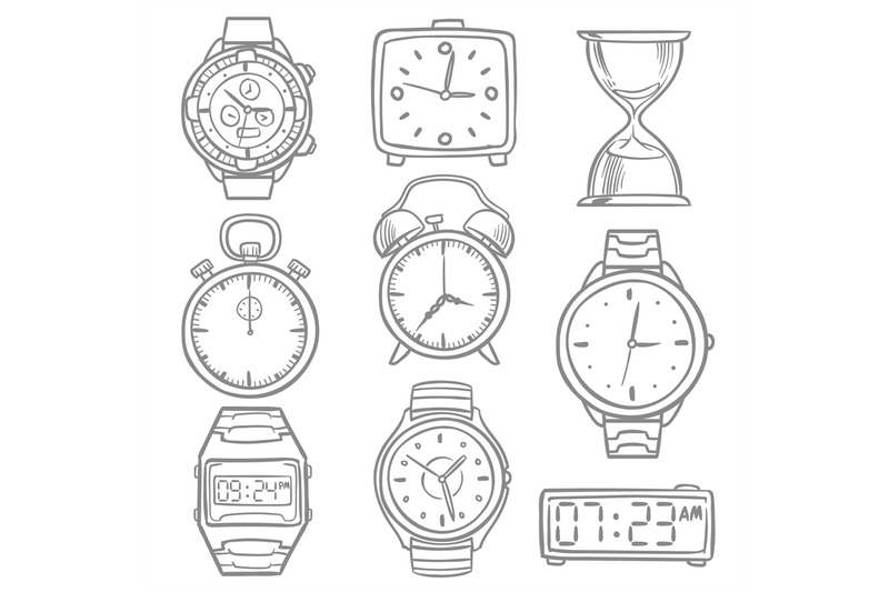 hand-drawn-wristwatch-doodle-sketch-watches-alarm-clocks-and-timepie