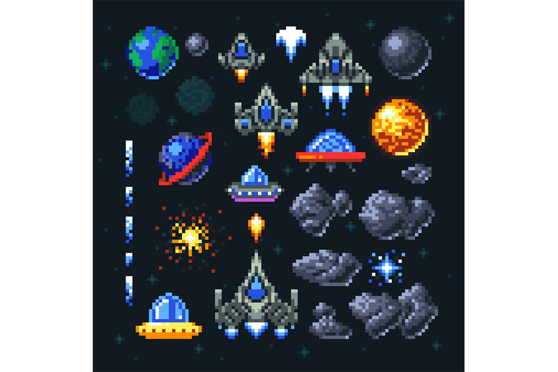 retro-space-arcade-game-pixel-elements-invaders-spaceships-planets