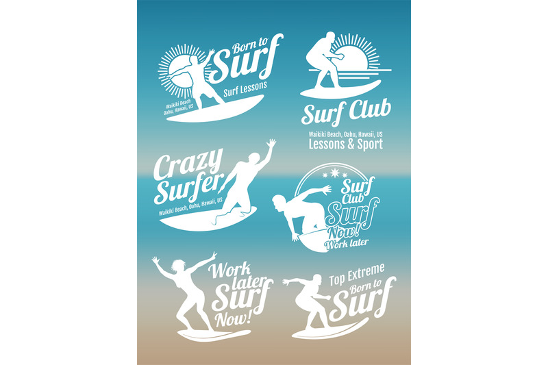 white-creative-summer-surfing-sports-vector-logos-collection-with-surf