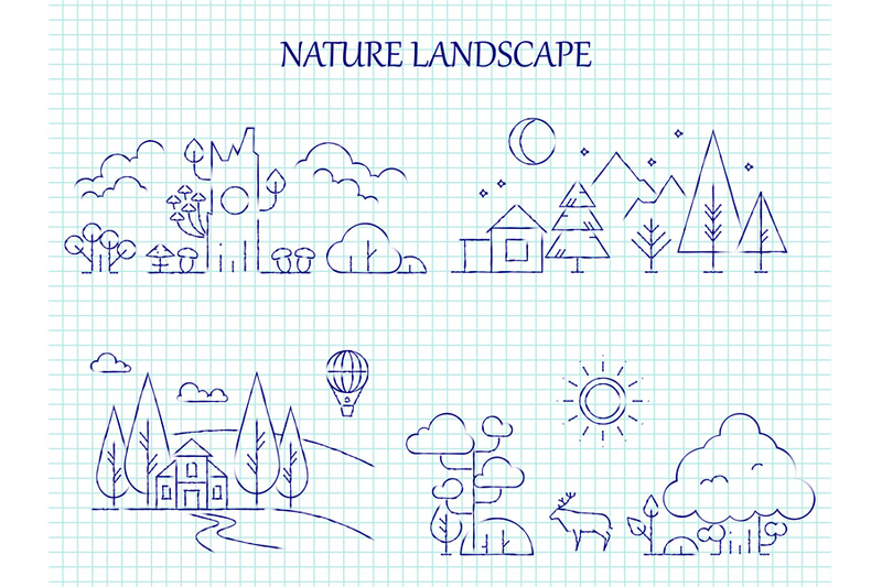 hand-drawn-nature-landscape-line-set