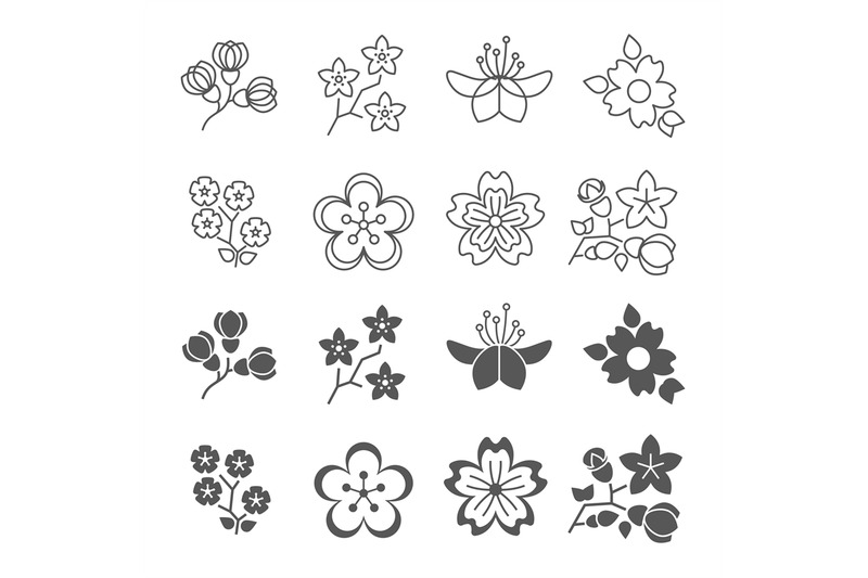 spring-blossom-flowers-line-and-silhouette-icons-set