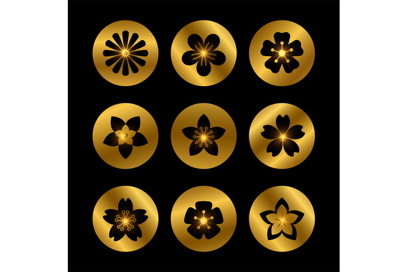 stylish-golden-icons-with-flowers-silhouettes