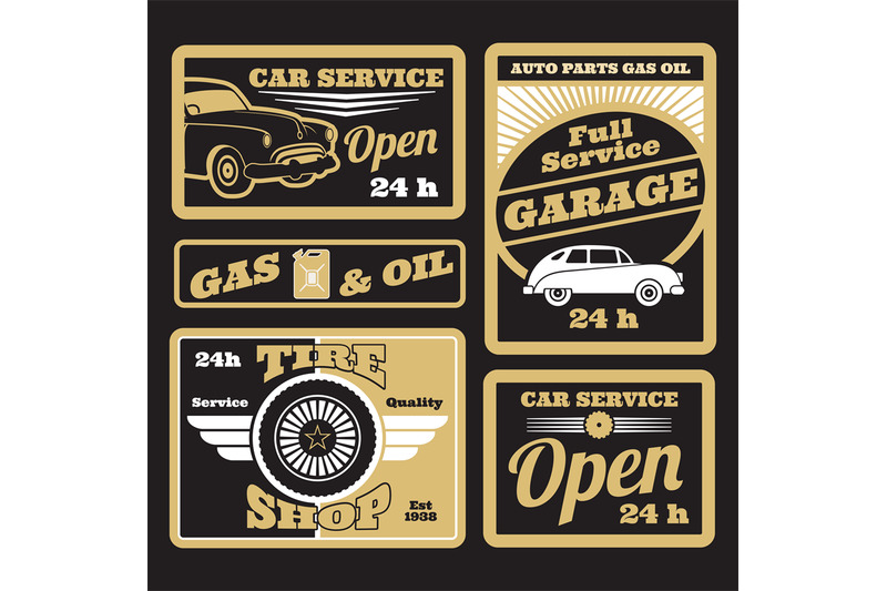 black-golden-retro-car-service-labels-set