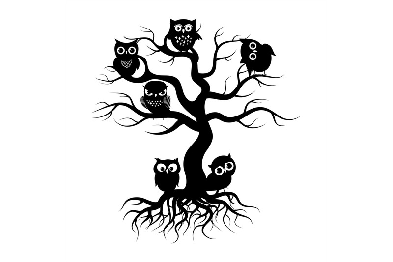 black-owls-on-old-tree-tree-silhouette-with-roots