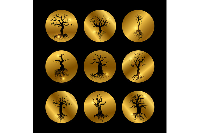 black-trees-silhouette-icons-set-with-shiny-golden-elements