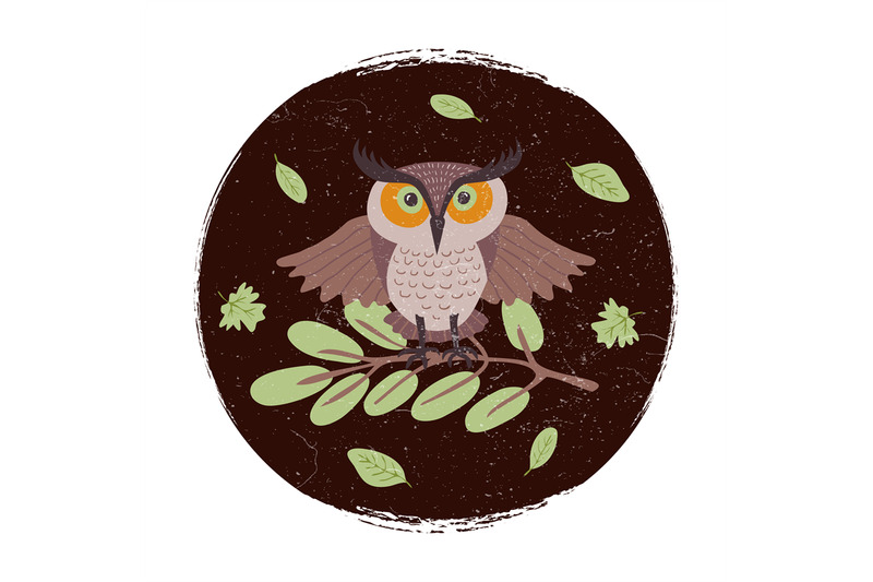 wild-cartoon-owl-on-branch-grunge-card-or-emblem-or-logo