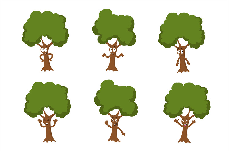 cartoon-funny-green-tree-vector-characters-isolated