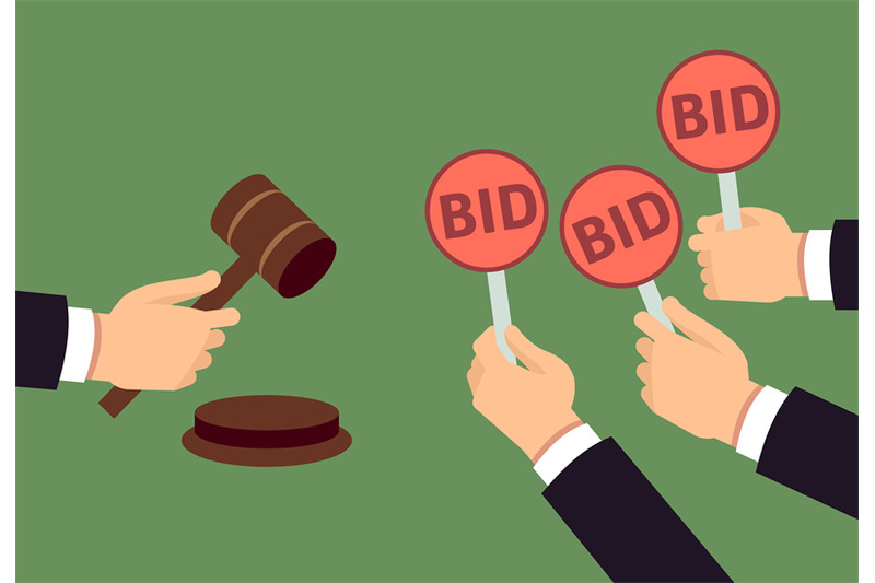 bidders-human-arms-holding-bid-paddle-and-auctioneer-hand-with-gavel