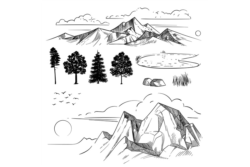 hand-drawing-mountain-range-peaks-clouds-sun-and-forest-trees-retro
