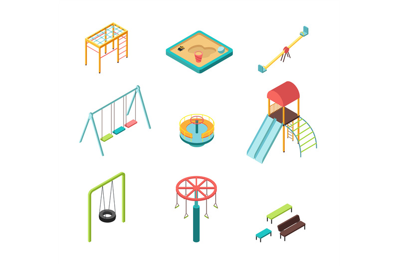 isometric-3d-outdoor-kids-playground-vector-cartoon-elements-isolated