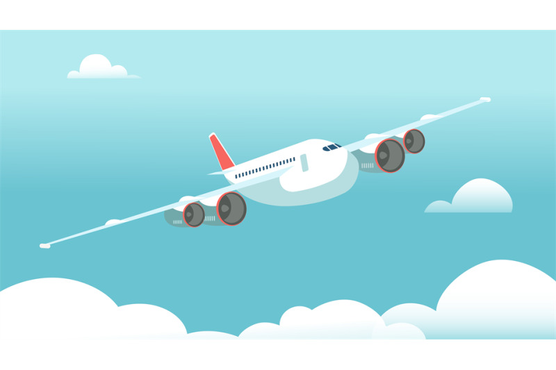 airplane-in-flight-with-white-clouds-and-blue-sky-background-vector-i