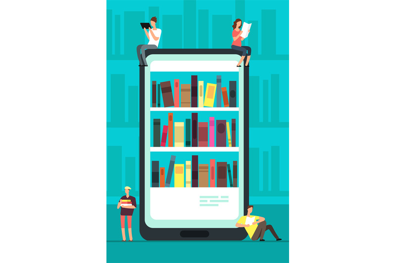 smartphone-with-reader-app-and-people-reading-books-online-book-store