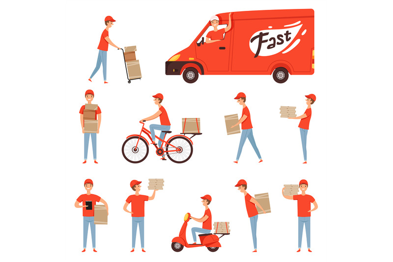 pizza-delivery-characters-van-and-motorcycle-or-moped-for-delivery-ma