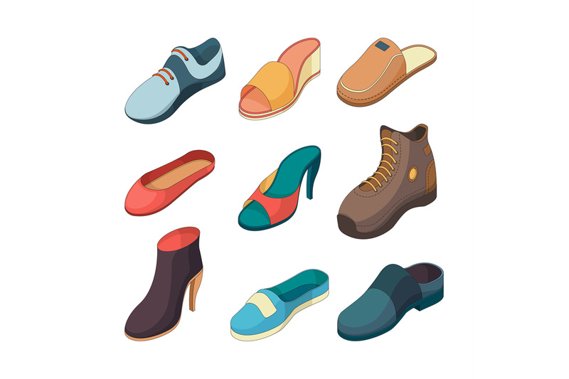 shoes-isometric-fashion-foot-shoe-boots-sandals-slippers-clothes-vect