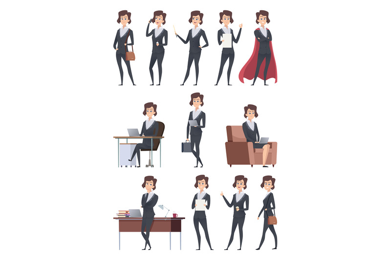 female-business-characters-company-office-workers-action-pose-making