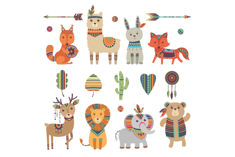 tribal-animals-cute-zoo-squirrel-llama-hare-fox-deer-lion-elephant-an