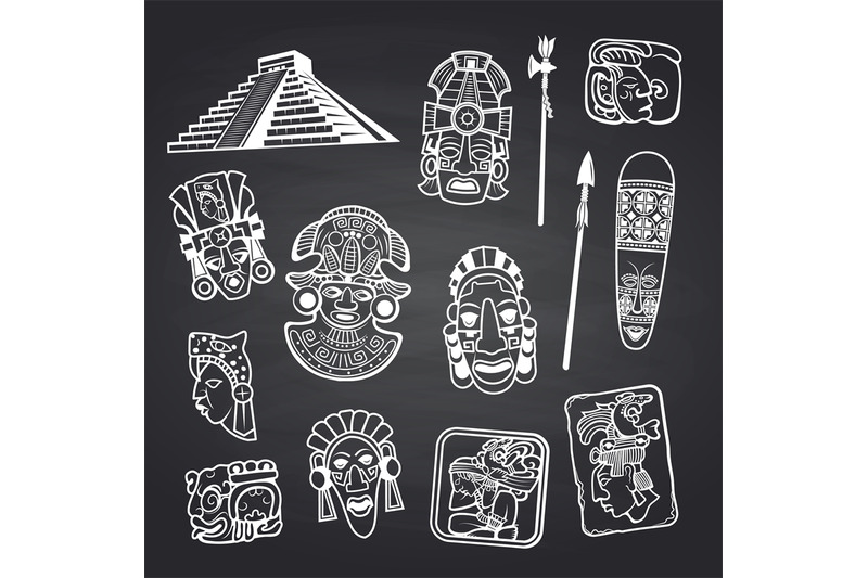 vector-cartoon-aztec-and-maya-mask-elements-set-on-black-chalkboard-ba