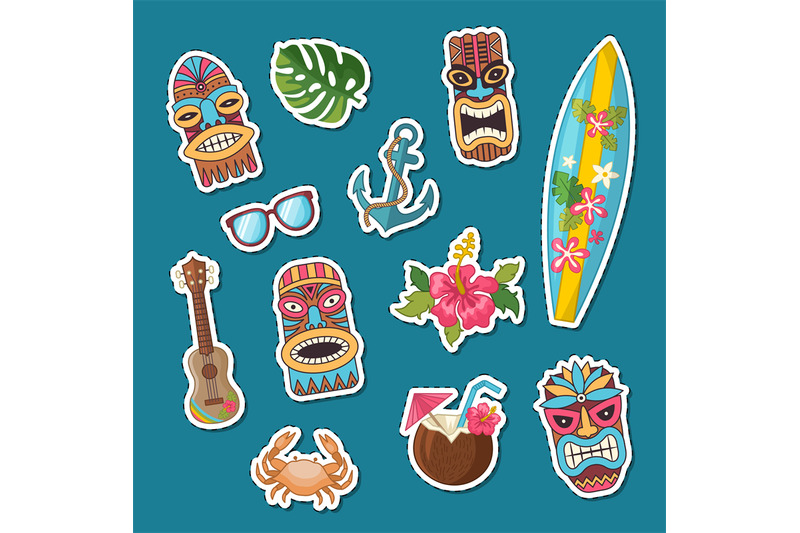 vector-cartoon-summer-travel-elements-stickers-set-illustration