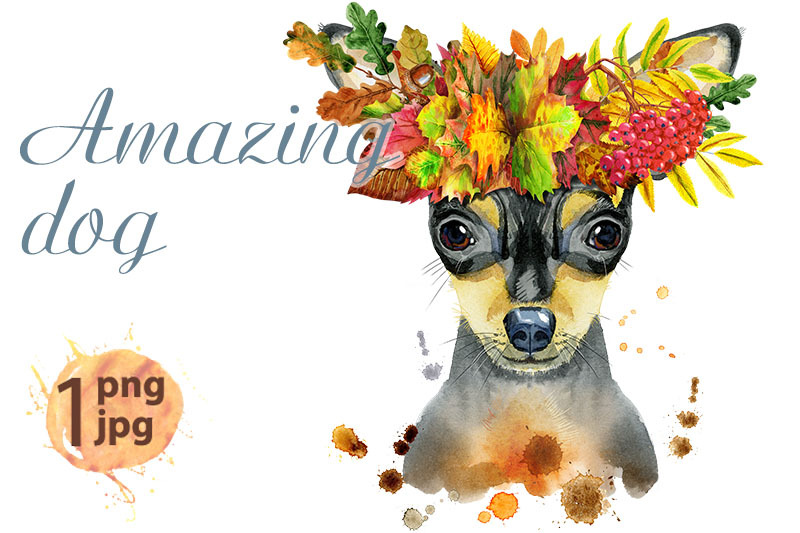 watercolor-portrait-of-toy-terrier-in-wreath-of-leaves