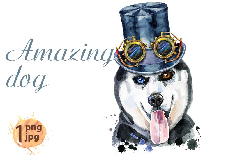 watercolor-portrait-of-husky-with-black-hat-topper-and-steampunk-glass